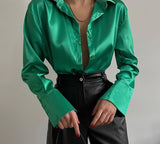 Cinessd  Silk Women Blouse Shirt Elegant Office Lady Buttons Satin Collar Shirts Chemise Femme Long Sleeve Woman Tops