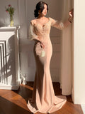 Cinessd  Romantic Trumpet Evening Dress Deep V-Neck Long Sleeve Slim Women Banquet Gown Delicate Embroidery Long Party Dress