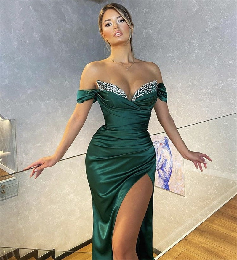 Sexy Green Pleated Satin Mermaid Evening Dresses 2022 Beaded Sweetheart Sweep Train Side Slit Party night Robe De Soirée Femme