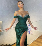 Prom Dresses  Sexy Green Pleated Satin Mermaid Evening Dresses 2022 Beaded Sweetheart Sweep Train Side Slit Party night Robe De Soirée Femme