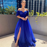 Cinessd Back to school outfit Royal Blue Evening Dresses Long Luxury 2022 V-Neck Flowers Off The Shoulder Side Split Prom Gowns Tulle Vintage Celebrity Dress