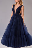 Cinessd  Sexy Deep V-Neck Prom Dresses Sleeveless Tiered Skirt A-Line Evening Gown Pleated Tea-Length Tulle Party Gowns