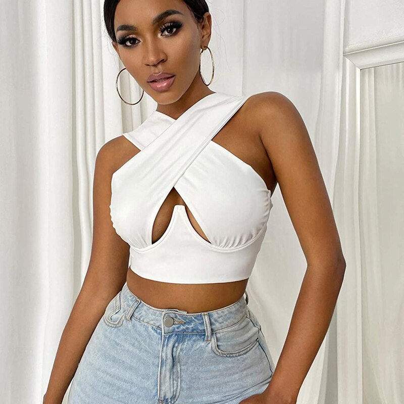 Cinessd Back To School Women's Criss Cross Tank Tops Sexy Sleeveless Solid Color Cutout Front Crop Tops Party Club Streetwear Summer Lady Bustier Tops
