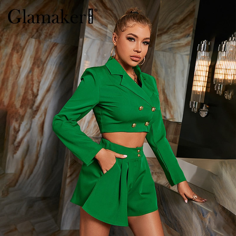 Cinessd Back to school outfit Green 2 Piece Suits Office Ladies Crop Blazer And Ruffles Pleated Shorts Buttons Pocket Club Party Fashion Female Sets