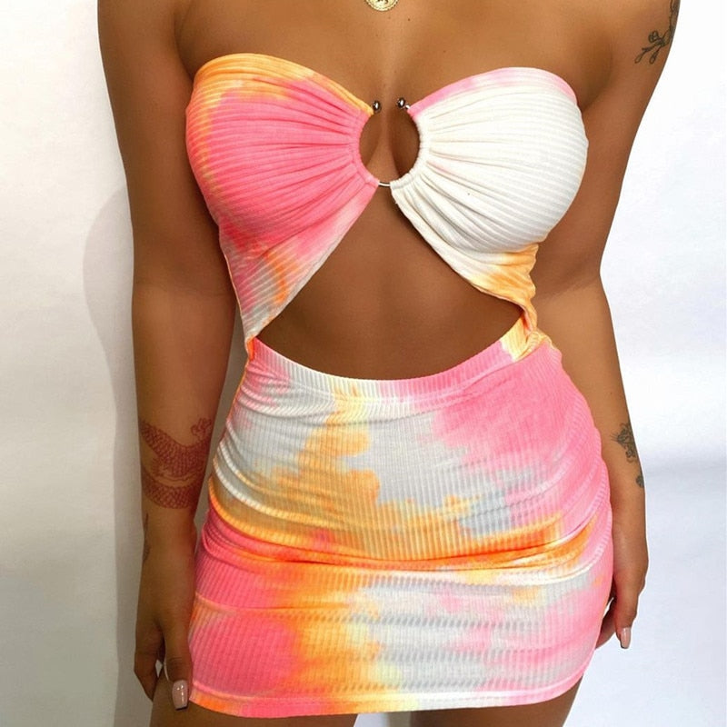 Cinessd  Tie Dye Print Off Shoulder Bodycon Summer Dress Women Ruched Hollow Out Backless Club Party Mini Bandage Sexy Dress  2022