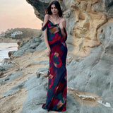 Cinessd  Women Boho Floral Holiday Long Maxi Dress Summer Evening Party Mesh Sundress Vacation Spaghetti Strap A-line Dresses Robes