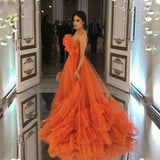 Orange Ruffles Tulle Evening Party Dresses Long Luxury 2021 Strapless Tiered Plus Size Prom Gowns A-Line Special Celebrity Dress