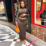 Cinessd Fashion Casual Brown Long Sleeve Crop Top+Elastic Slim Maxi Skirt Two Pieces Set Women Autumn Outdoor Matching Outfits