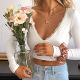 Back to school  Women White T-Shirts V Neck Long Sleeve Ruffles Bandage Knitted Crop Top Backless Lace Edge Y2K Aesthetics Tee Female Cloth
