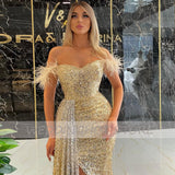 Cinessd Back to school outfit Mermaid Evening Dresses 2023 Luxury Off-Shoulder Sexy Evening Gown Feather Sequin Elegant Side Split Party Dress Robes De Soirée