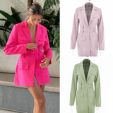 Cinessd  Spring New Blazer Dressturn-Down Collar Belt Coat Casual Women Pink Long Sleeve Pocket Jacket Single Suit 2022 Female Clothes