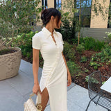 Cinessd Sexy Short Sleeve Maxi Dress Button Turn-Down Collar Split Solid Club Long Party Dresses Casual White Bodycon Dress Women