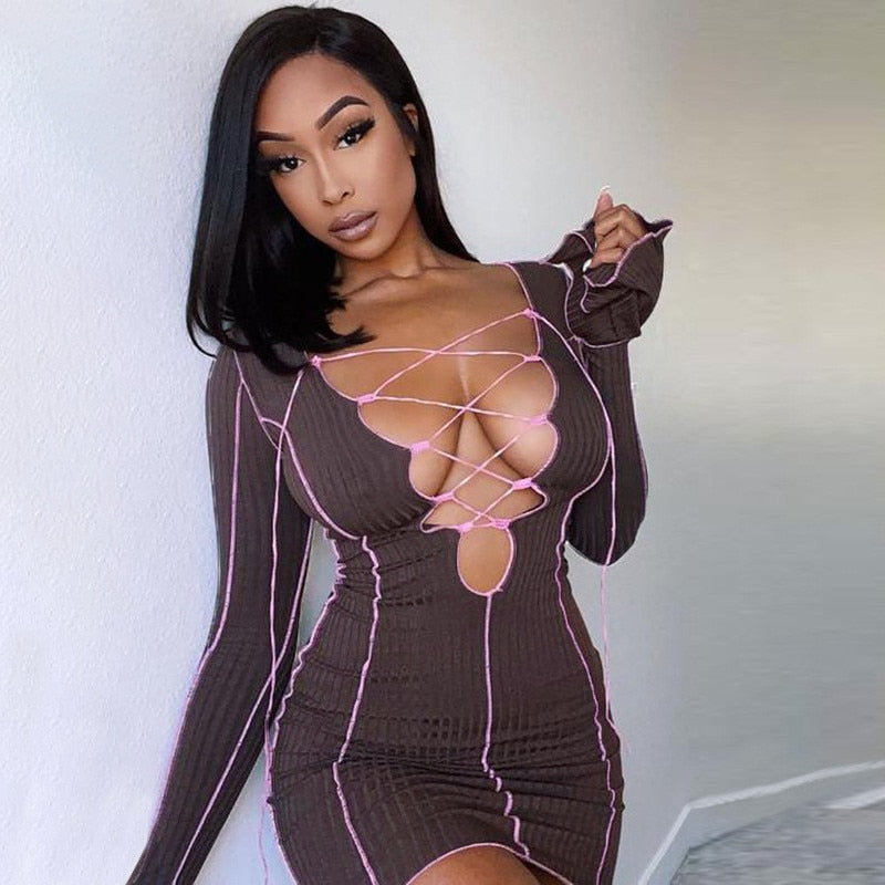 Cinessd Sexy Cut Out Long Sleeve Bandage Mini Dress Women 2022 Autumn Fashion Flare Sleeve Streetwear Outfits Club Party Dresses
