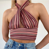 Cinessd  2024 Summer Halter Top Women Crop Tank Top T-Shirts Backless Cross Striped Sexy Bandage Tee Shirt Femme Y2k Cropped Tops Woman