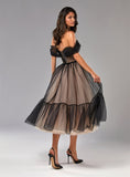Cinessd  Black Polka Dots Tulle Midi Prom Dresses Off The Shoulder Tea-Length A-Line Evening Gowns Lace-Up Formal Party Dress