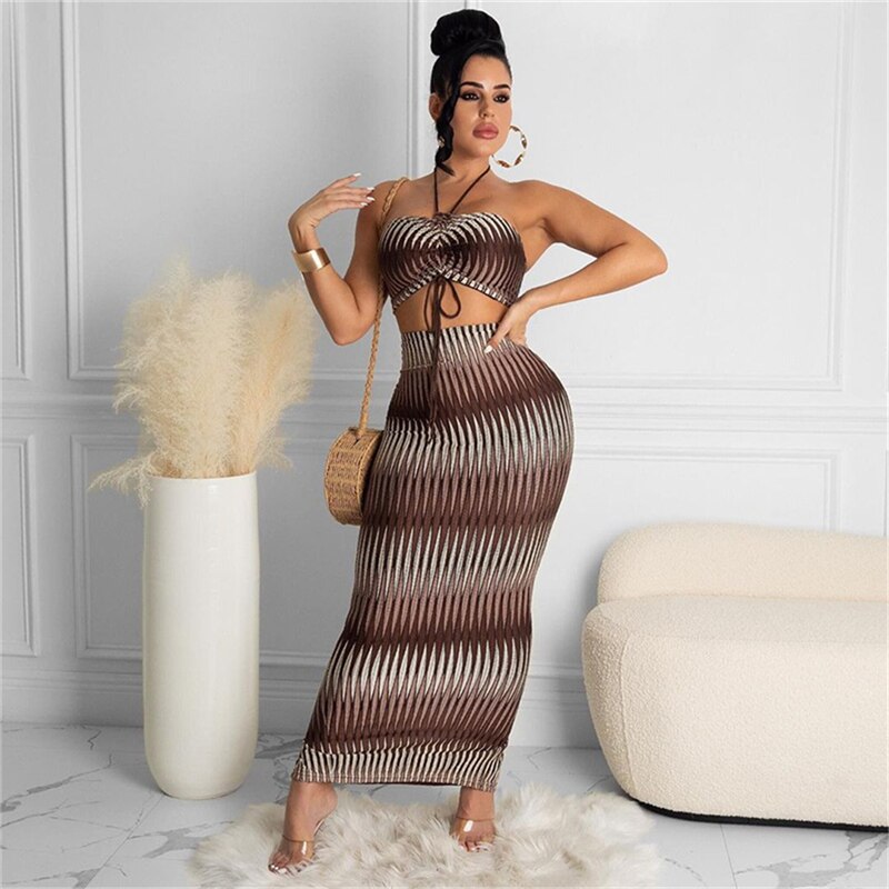 Cinessd Vintage Print Midi Skirt For Women Two Piece Sets Sexy Halter Drawstring Crop Tops+Side Slit Bodycon Skirts Party Outfits