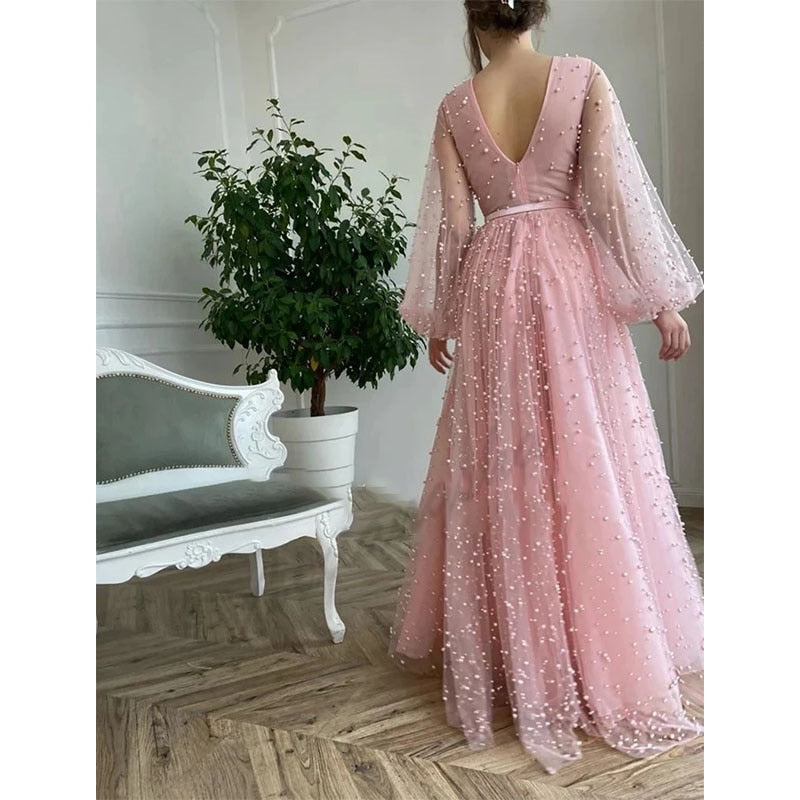 Cinessd Back to school outfit Luxury Pink Aline Pearls Evening Dresses Prom V Neck Pleat Mono Floor-Length Vestido De Fiesta Robe De Soiree Custom Made