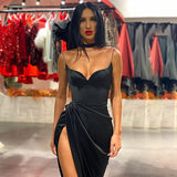 Cinessd  Spaghetti Straps Black Sexy Backless Midi Dresses Gown Party Club Sleeveless Bodycon Split Dress Vestidos Solid