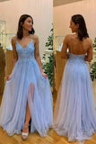 Prom Dresses Light Blue Split Prom Dresses Lace Applique Beaded 2022 V Neck Spaghetti Strap A Line Tulle Backless Evening Gown Formal Party