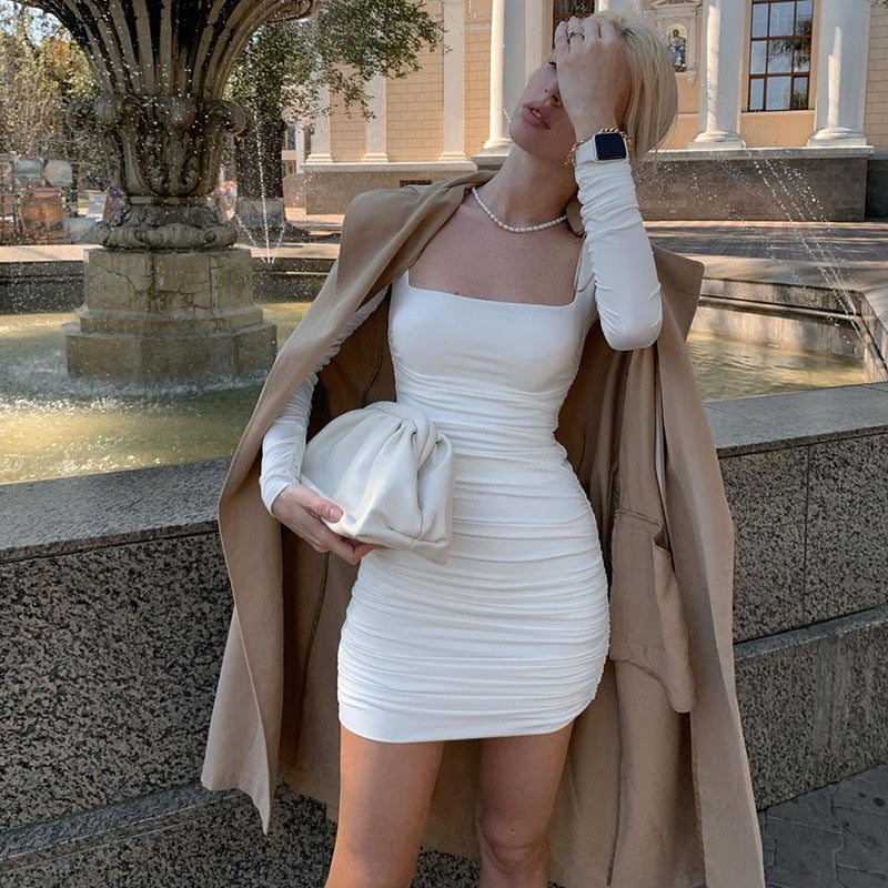 Cinessd  Square Collar White Ruched Pleated Bodycon Dress Women Long Sleeve Mini Party Dress Solid Basic Skinny Casual Dress Short