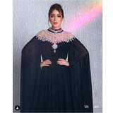 Cinessd  Black Muslim Evening Dresses High Neck Caped Crystals Chiffon Dubai Kftan Saudi Arabic Formal Evening Gown Long Prom Dress