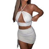 2022 Summer Women's Solid Color Two-piece Sets Sexy Backless Sleeveless Top + Mini Pleated Skirt Outfits  Women Party Clubwear