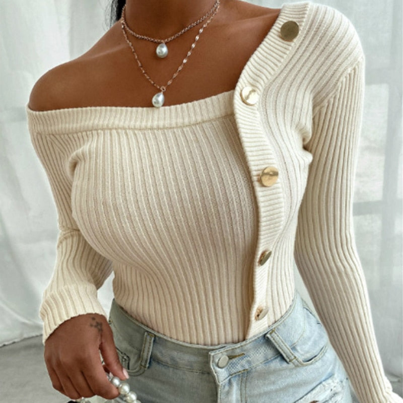 Cinessd  Women Fashion Elegant Knitted Tops Long Sleeve Off Shoulder Sexy Casual Slim Buttons Top Femme Ladies Solid Sweaters Fall Spring