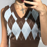 Back To School  Vintage Y2K Crop Top Argyle Sweater Vest V Neck Sleeveless Tank Jumper Preppy Style Plaid Knitted Pullover Autumn Winter Clothes