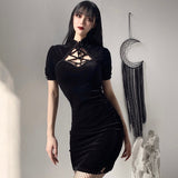 Cinessd  Elegant Lady Retro Black Velvet Mini Dress Hollow Out Bandage Puff Sleeve Slim Fit Dress Mall Grunge Gothic Streetwear