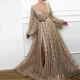 Prom Dresses  Split A-Line Sequin Evening Dresses 2022 Women Champagne Long Sleeves Formal Party Robe De Soiree Luxury Champagne Prom Gowns