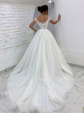 Cinessd Back to school outfit Long Elegant Tulle Princess Wedding Dresses Sheer Neck Cap Robe De Mariage Sleeves Lace Applique Bridal Dress With Back Buttons