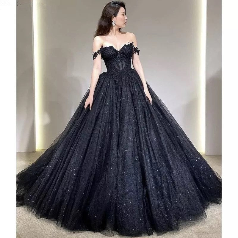 Cinessd Prom Dresses Black Prom Dresses Sweetheart Off The Shoulder A-Line Tulle Lace Applique Backless Vestidos De Gala Evening Gowns For Women