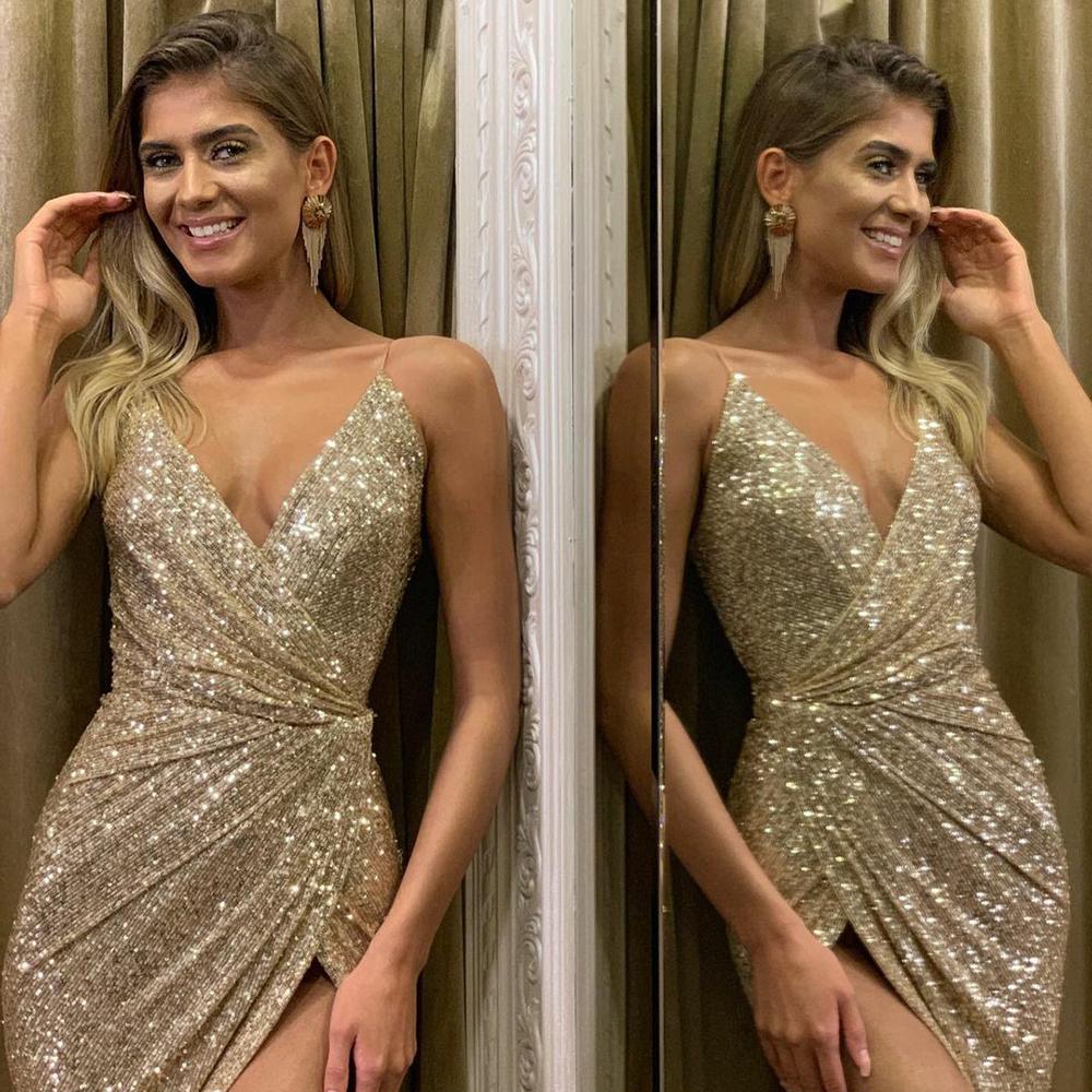 Cinessd  Sexy Champagne Gold Mermaid Glitter Evening Dress Spaghetti Straps V Neck Prom Party Wear High Split Pleated Celebrity Gown