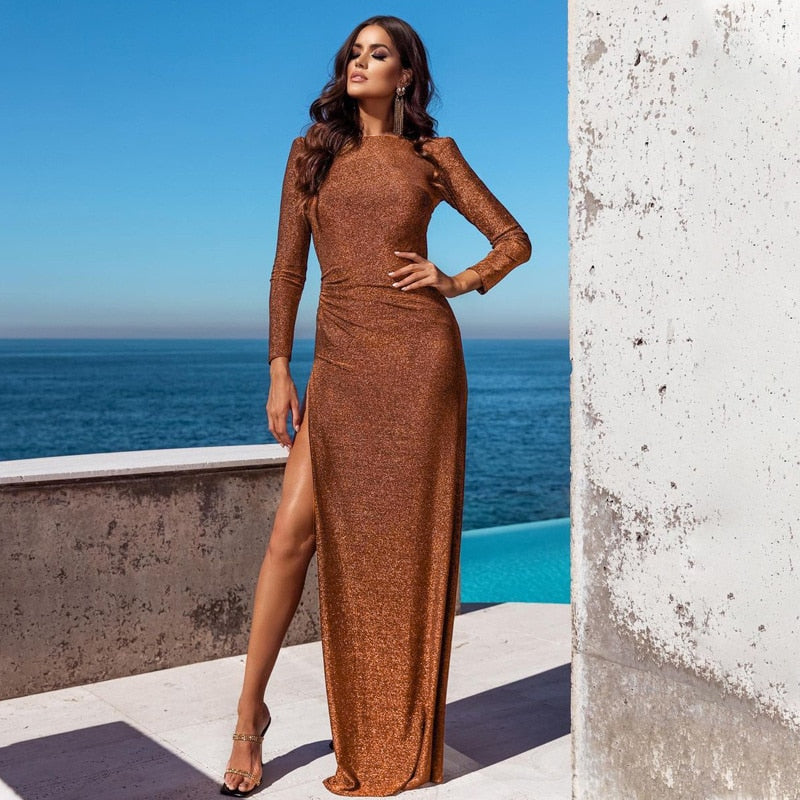 Cinessd Backless Long Sleeve Bodycon Dress Ladies Club Long Maxi Dress High Slit Brown Sexy Party Dresses Women Evening 2022