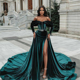 Green Off-Shoulder Evening Dresses Long 2022 Detachable Train Velvet Side Split Long Sleeve Prom Party Gowns Vestido De Fiesta