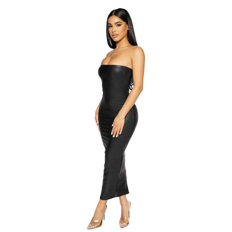 Cinessd Off Shoulder Backless Bodycon Dress Ladies Club Long Maxi Dress Faux PU Leather Black Sexy Dresses For Women 2022 Autumn
