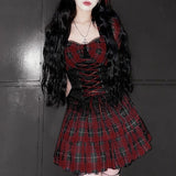 Cinessd  E-Girl Grunge Gothic Black Mini Dress Lace Trim High Waist Bodycon Dress Y2K Women 90S Vintage Punk Harajuku Lolita Clothes