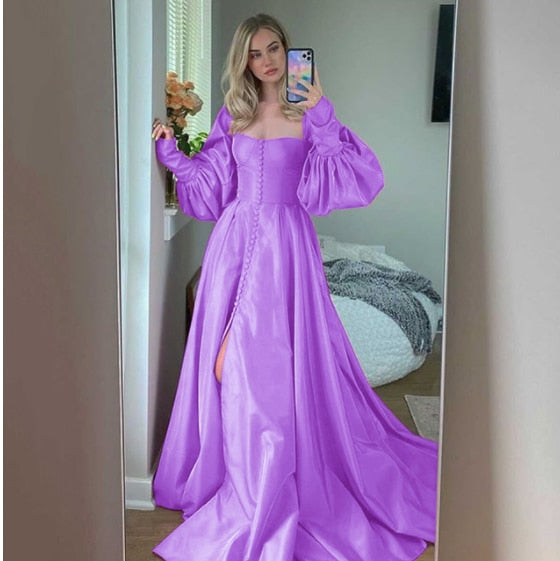 Prom Dresses  Elegant Pink Prom Dresses Bishop Sleeves High Slit Taffeta Evening Dresses Sweetheart A-line Long Party Gowns with Buttons