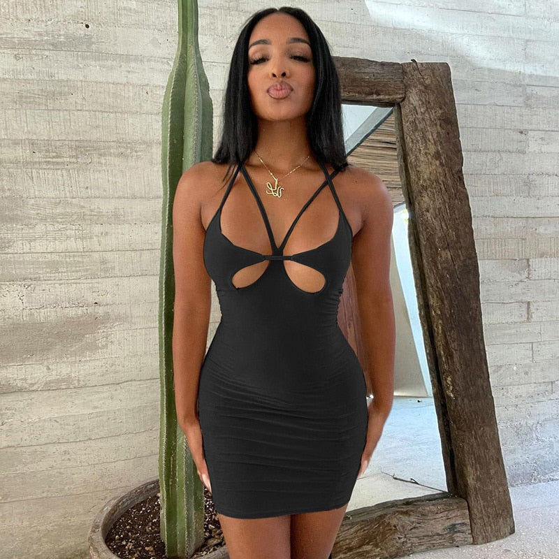 Cinessd Sexy Bandage Sleeveless Hole Cleavage Body-Shaping Hip Skirt Midnight Style Female Partywear Halter Mini Dress Women 2022