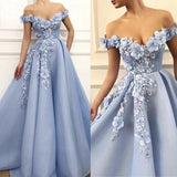 Prom Dresses  Light Blue Off Shoulder Tulle Prom Dresses Women Formal Party Night Long Vestidos De Gala Appliqus Flowers Elegant Evening Gowns