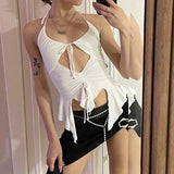 90s Aesthetics Sexy Ruffles Cut Out White Tank Top Y2K Summer Fashion Bandage Hollow Out Halter Crop Top Drawstring Clubwear Tee