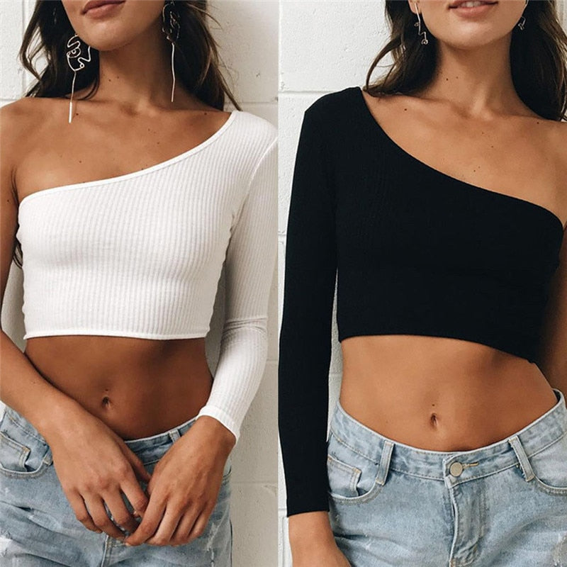 Cinessd  Ladies Fashion Crop Top Women Summer One Shoulder Long Sleeve Ribbed Knit T-Shirts Solid Slim Stretch Pullovers Slim Short Tops