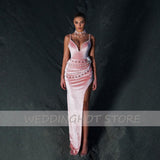 Cinessd Back to school outfit Velour Beaded Evening Dresses Long 2022 Luxury  Pink Spaghetti Strap Mermaid Prom Gowns Simple Split Party Dress Robes De Soirée