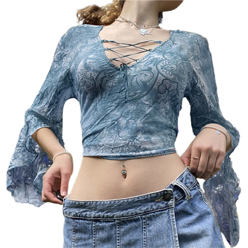 Cinessd  Vintage Women Sexy See Through 2000S Mesh Cardigan T-Shirt Ladies Girls Flare Long Sleeve Button Down Lace E-Girl Crop Tops