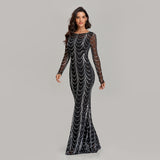 Cinessd  2022 Plus O-Neck Wave Sequins See Though Women Maxi Dresses Elegant Long Sleeve Female Party