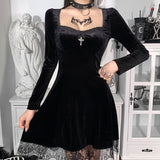 Cinessd  E-Girl Grunge Gothic Black Mini Dress Lace Trim High Waist Bodycon Dress Y2K Women 90S Vintage Punk Harajuku Lolita Clothes