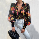 Cinessd Back to school Autumn Puff Sleeve Shirts Blouse Women Floral/Leopard Long Sleeve Lapel Buttons Vintage Shirts Elegant Blouses Tops Female
