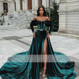 Green Off-Shoulder Evening Dresses Long 2022 Detachable Train Velvet Side Split Long Sleeve Prom Party Gowns Vestido De Fiesta