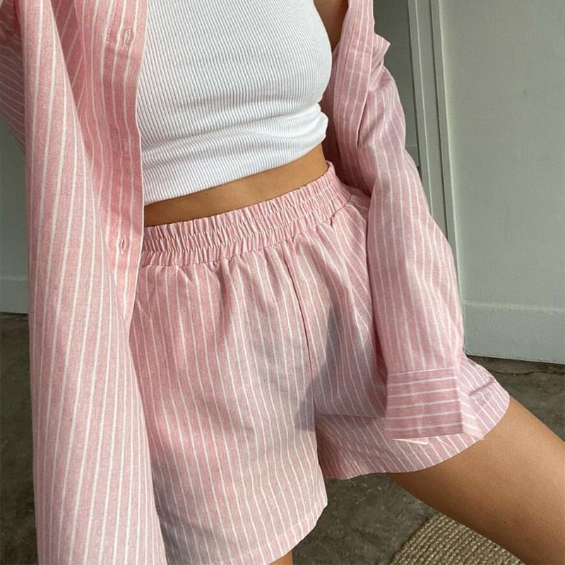 Cinessd Back to school outfit Loung Wear Tracksuit Women Shorts Set Stripe Long Sleeve Shirt Tops And Loose High Waisted Mini Shorts Two Piece Set 2022