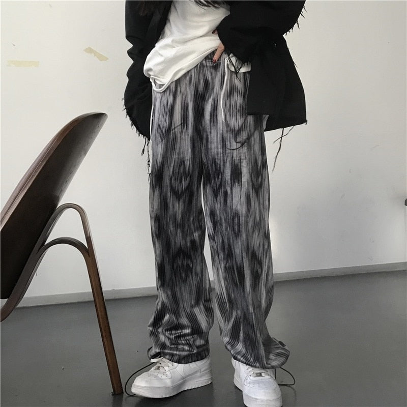 Cinessd  Women's Sports Pants 2022 Streetwear High Waist Trouser Fashion Harajuku Straight Baggy Tie Dye Drawstring Sweat Wide Leg Pants
